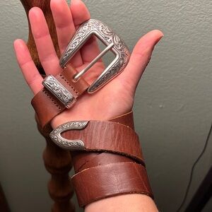 Brown Leather Belt with Silver Western Buckle